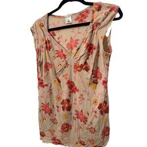 Old Navy Top Womens Size Large Floral Beige Red Pink Cap Sleeve Gathered V-neck